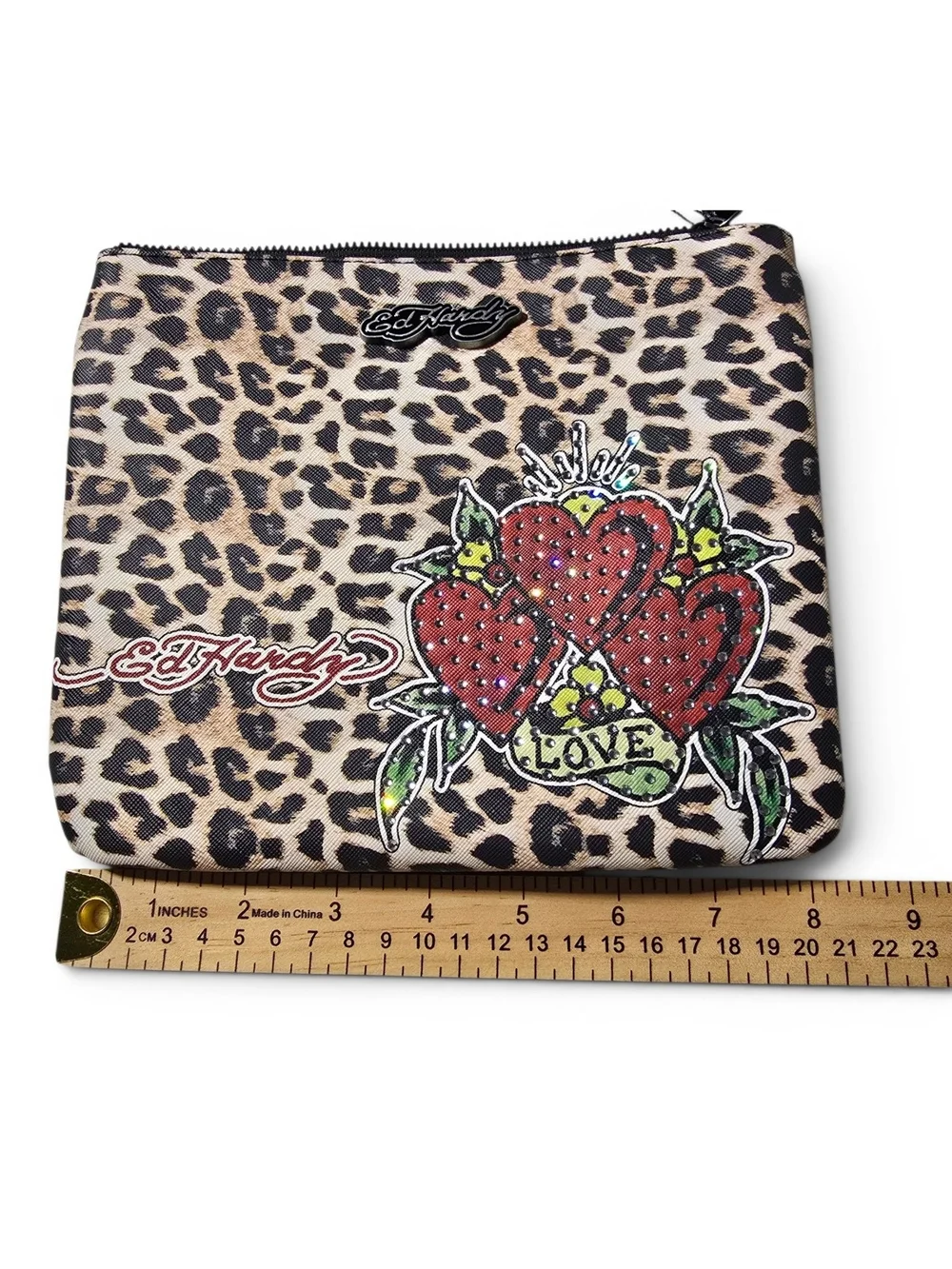 Ed Hardy Cheetah Leopard Print Love Hearts Rhinestone Wristlet NWT